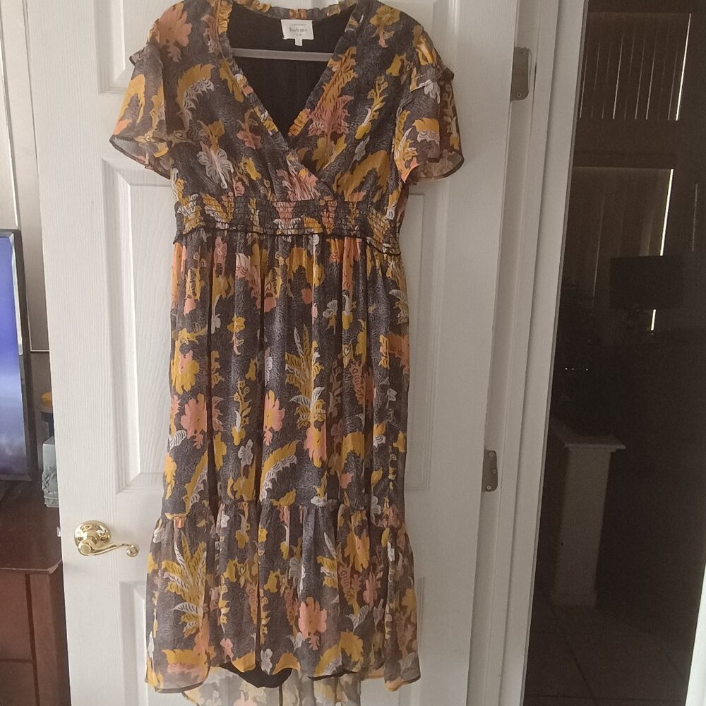 bohme Floral Midi Dress in Mustard, Pink, and Charcoal Gray